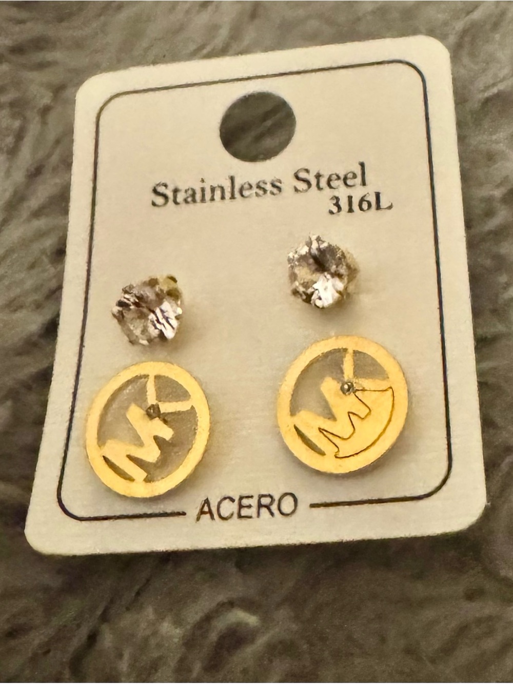 Gold-Tone Circle Logo Stud Earrings with Crystal Accent - Stainless Steel